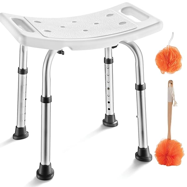 MEDICAL KING SHOWER CHAIR – WITH BACK SCRUBBER & ADDITIONAL SPONGE – TOOL FREE SHOWER CHAIR FOR ELDERLY – WITH 8 ADJUSTABLE HEIGHTS – PORTABLE ANTI SLIP BATH CHAIR FOR ELDERLY