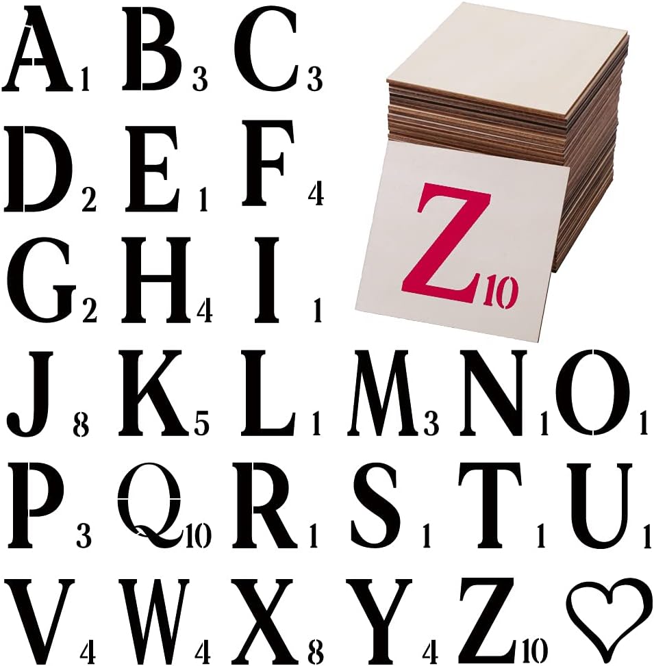 4 Inch Letter Stencils with 48Pcs Unfinished Wood Square, Blank Wood Slices 27pcs Painting Stencils Templates for Painting On Wood,Canvas, Fabric, Wall,DIY Scrabble Letters
