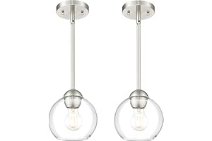 Emak 2 Pack Brushed Nickel Pendant Light Fixtures, 7 Inch Globe Pendant Lights with Clear Glass Shade, 1-Light Hanging Lights for Kitchen Island, Bathroom, Dining Room, PL119-BN-2PK