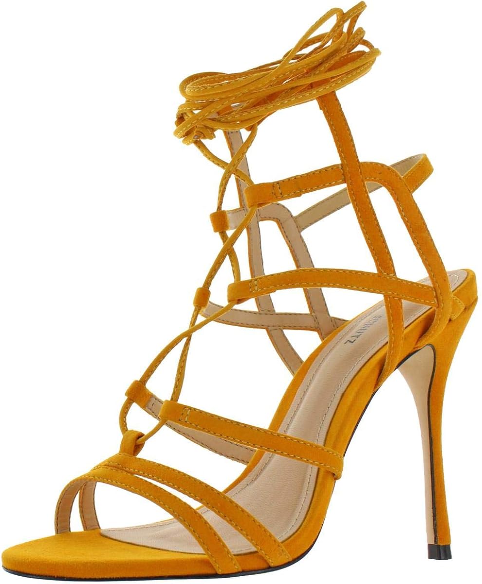 Amazon.com | SCHUTZ Weslayne Women's Suede Ankle Wrap Strappy Heel Sandals Yellow Size 5 | Sandals