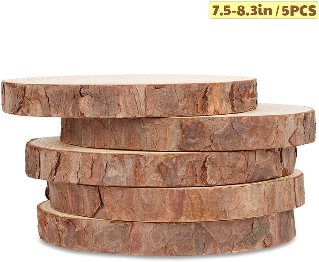 5 Pcs / 7.5-8.3 Inches Unfinished Wood Slices, FUHAIEEC Natural Wood Round Rustic Pine Wood Slice for Arts, Crafts, Coasters and House Ornaments
