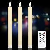 GenSwin Flameless Ivory Taper Candles Flickering with 10-Key Remote, Battery Operated Led Warm 3D Wick Light Window Candles Real Wax Pack of 3, Christmas Home Wedding Decor(0.78 X 9.64 Inch)
