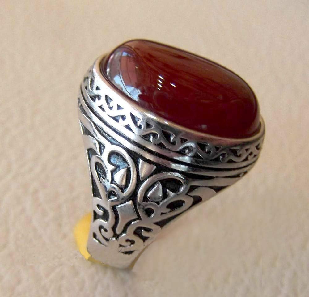 AQEEQ NATURAL RED ONYX SEMI PRECIOUS STONE OVAL RED CABOCHON GEM MAN RING STERLING SILVER ARABIC MIDDLE EASTERN TURKEY STYLE