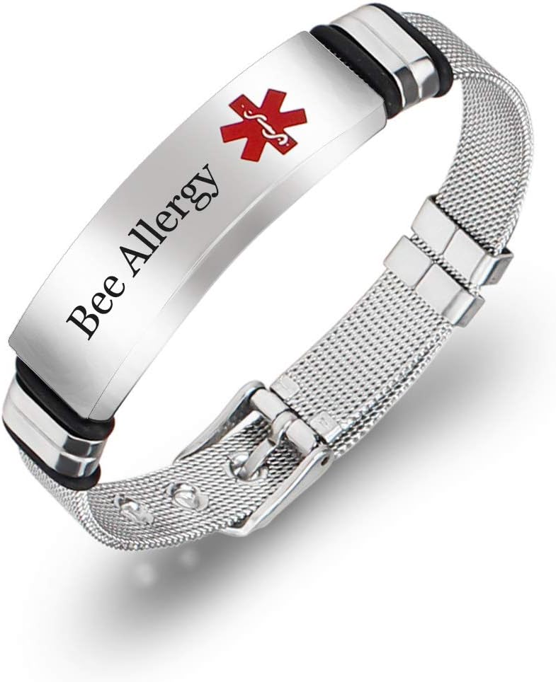 Murinsar Free Customized Surgical Steel Medical Alert Allergy Awareness Bracelet Adjustable ID Bangle for Emergency Aid