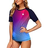 AOBUTE Women Short Sleeve Rash Guard Gradient Sun Protection Swim Shirts