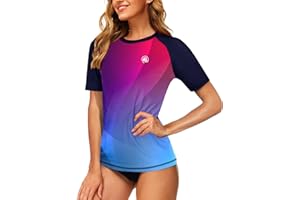 AOBUTE Women Short Sleeve Rash Guard Gradient Sun Protection Swim Shirts