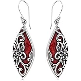 Red Coral Dangle Earrings for Women in 925 Sterling Silver - Dangling Drop Coral Earrings Handmade Birthstone Vintage Boho Jewelry Birthday Gifts for Women