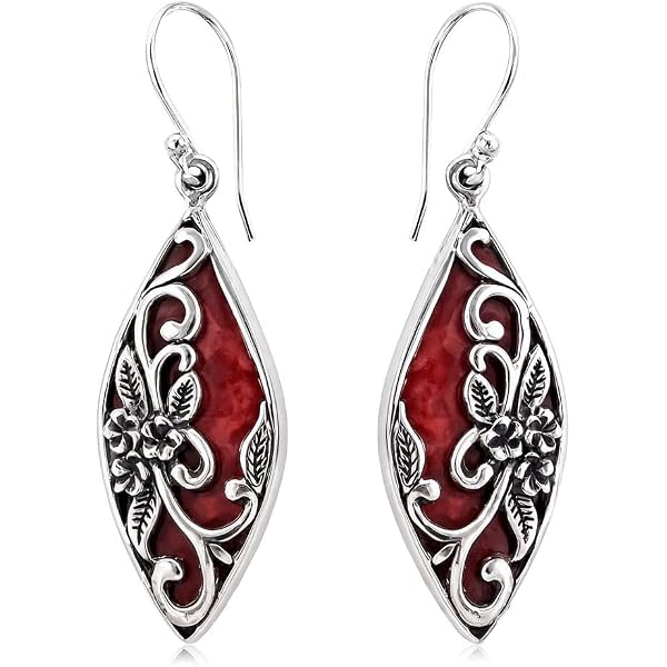 AeraVida Vintage Swirl Heart Ring - Reconstructed Red Coral Center, .925 Sterling Silver, Handmade In Thailand