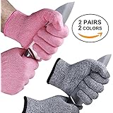 2 Pairs EVRIDWEAR Cut Resistant Gloves With Silicone Grip Dots, Food Grade Level 5 Safety Protection Kitchen Cuts Gloves For Meat cutting, Fish Fillet Processing and Mandolin Slicing (Pink + Gray) S