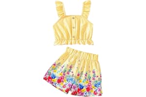 HSOXLQF Kids Toddler Girls Summer Clothes Button Design Striped Tank Top + Floral-Print Elastic Shorts 2 Piece