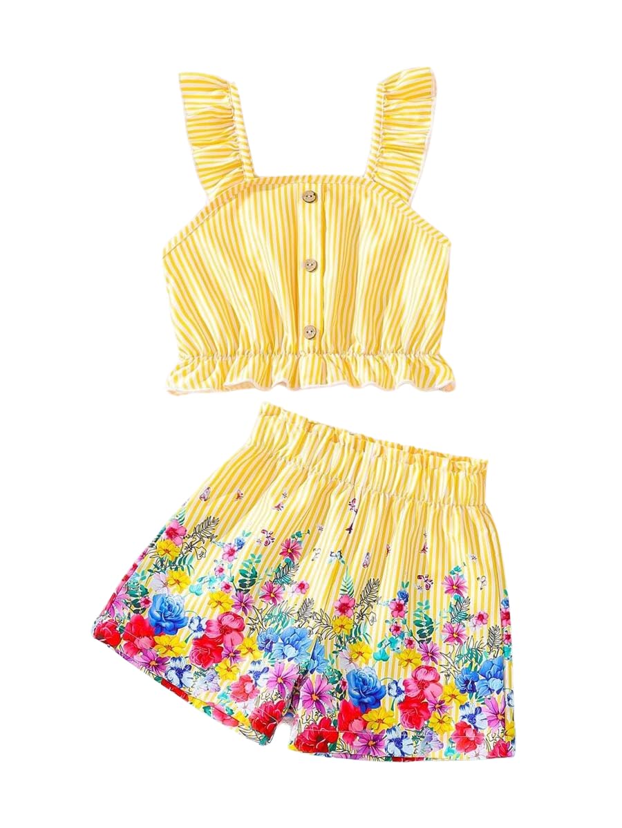 Photo 1 of HSOXLQF Kids Toddler Girls Summer Clothes Button Design Striped Tank Top + Floral-Print Elastic Shorts 2 Piece