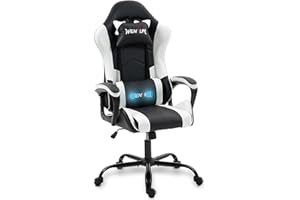 WENTUM Gaming Chair PU Leather Massage PC Video Game Chair with Lumbar Support for Men Women, Home Office, Height Adjustable, Ergonomic, High Back, White