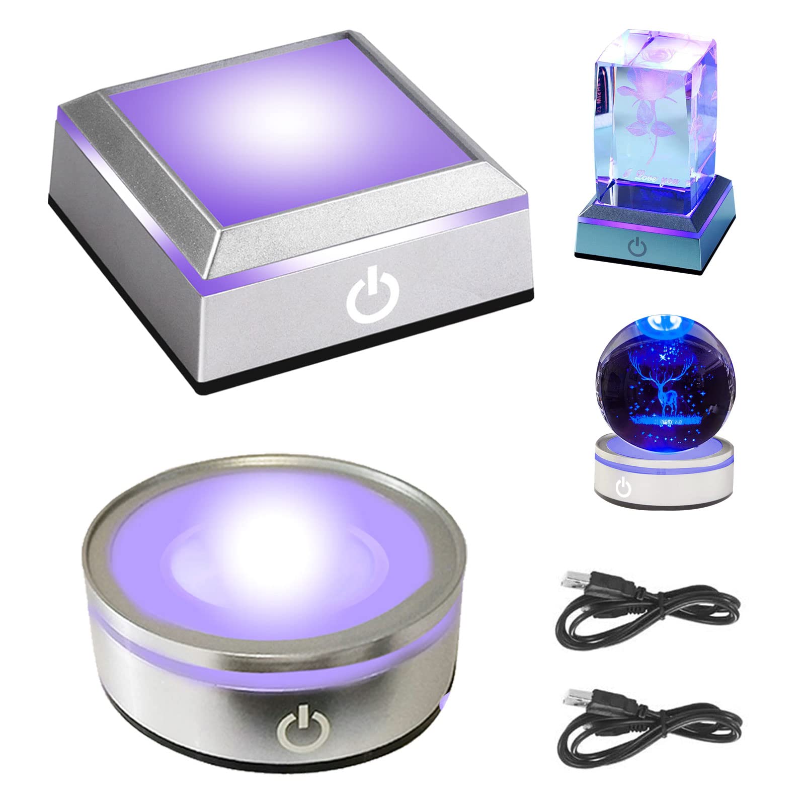 2Pack 6 Colors LED Light Base Show Stand Display Plate with Sensitive Touch Switch for 3D Crystal Glass Art (Square Flat + Round Concave)