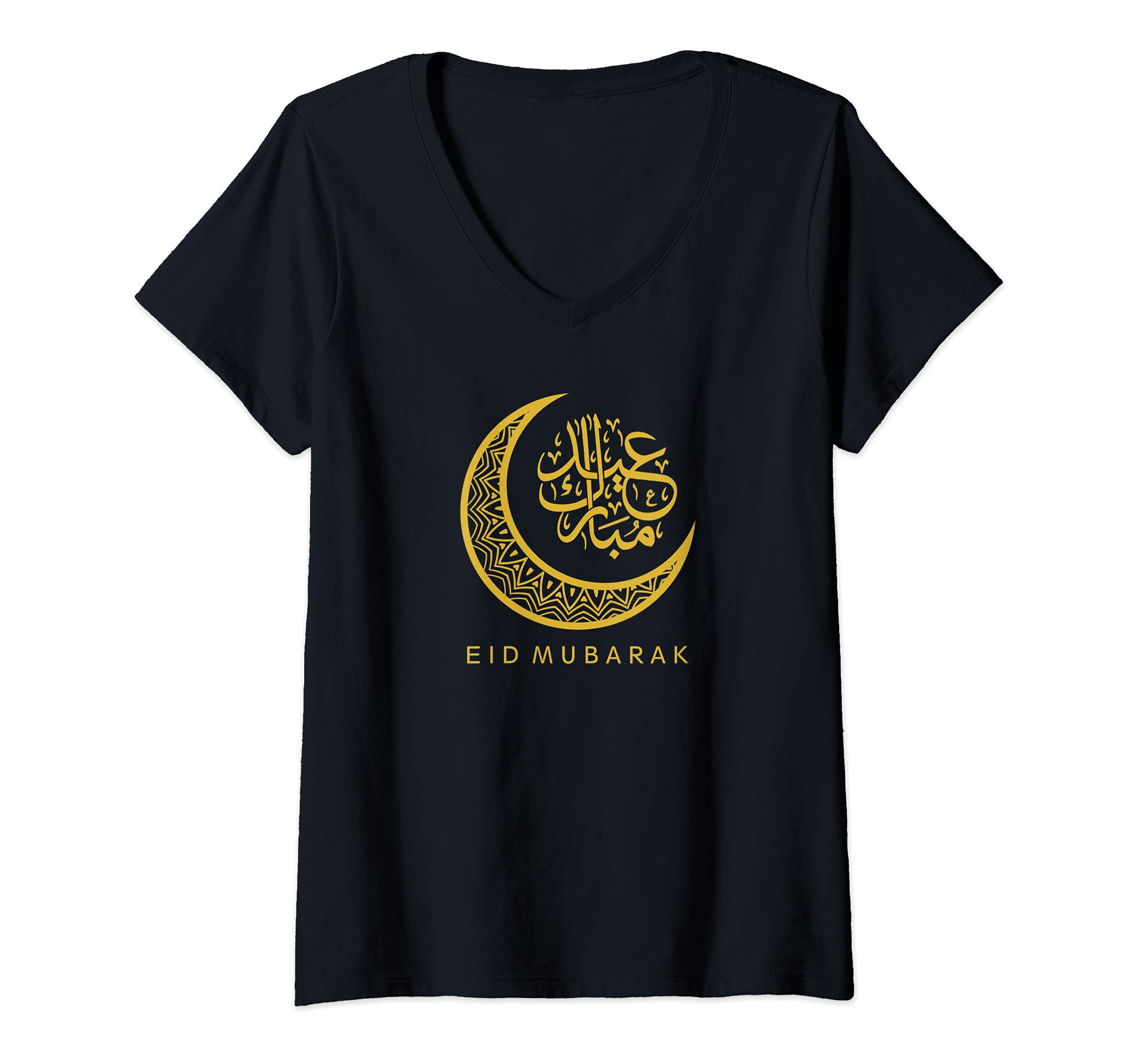 Womens Eid Mubarak Islamic Crescent Moon Arabic Calligraphy V-Neck T-Shirt