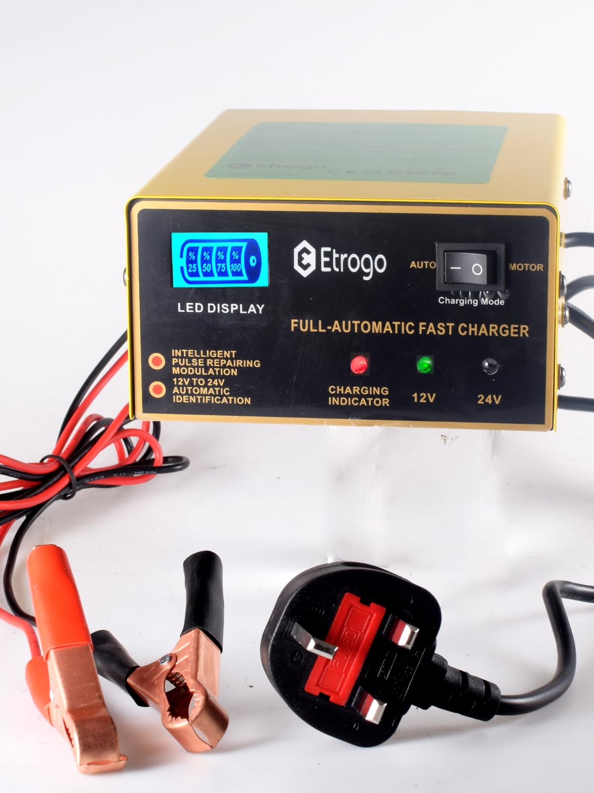 Etrogo 12V 24V Car Battery Charger 10A Intelligent Pulse Maintainer with LED Screen,UK Mains Powered,for GEL,VRLA,EFB,AGM,Flooded battery,Dry-charged battery for Car,motorcycles,trucks,buses