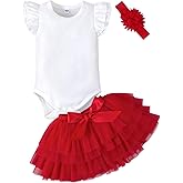 LYSMuch 0-24M Baby Girls Outfit Set Tutu Skirt with Diaper Cover Ruffle Sleeve Bodysuit Flower Headband