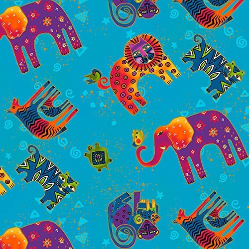 1.5 Yards Wild Ones Flannel by Laurel Burch from Clothworks 100% Cotton Quilt Flannel Fabric Y2329-34 Dark Aqua Tossed Animals