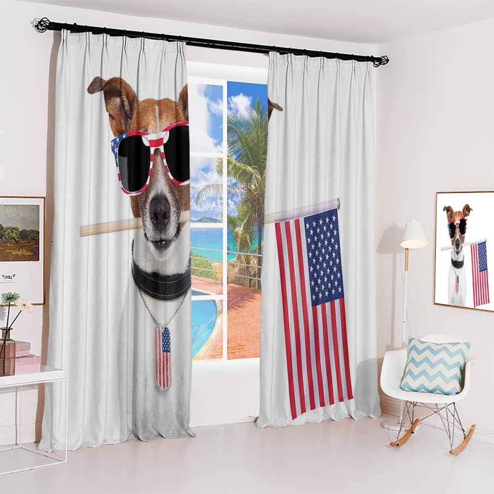 GUUVOR Dog Lover Decor Sun Protection Insulated Bedroom Living Room Curtain American Dog with USA Flag and Shades Sunglasses Anniversary Independence Liberty 2 Panels W108 x L84 Inch