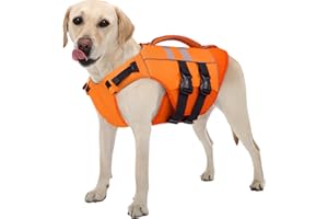 Kuoser Dog Life Jacket Large, High Flotation Puppy Safety Vest for Swimming Boating, Reflective Water Vest Pet Life Preserver with Rescue Handle, Orange L