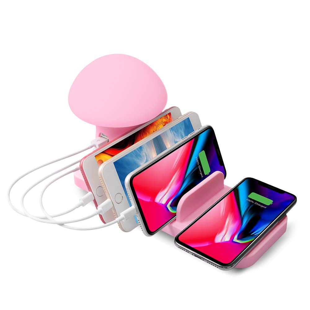 Stazione di ricarica Wireess con caricabatterie USB 3 porte Caricatore USB Supporto di ricarica per Apple iPhone Samsung Tablet Tablet Smartphone, Rosa