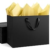 OfficeCastle 4 Pack Black Paper Gift Bags, XL 16x6x12 inch Bags with Handles and 10 Gold Tissue Sheets, Luxury Shopping Bag for Holiday Gifts, Retail, Boutique, Party Use (XL, 4pcs)