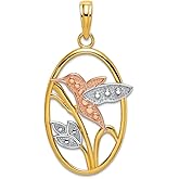 JewelryWeb 15mm 14k Two-tone Gold Hummingbird and Flowers In Oval Frame Tri-color Charm Pendant Necklace for Women