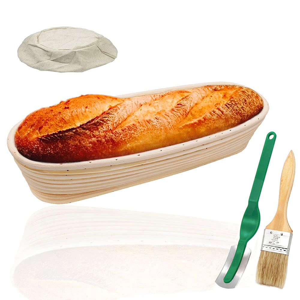 YOCZOX 14” Oval Banneton Proving Basket, Bread Proofing Basket Sourdough Proofing Proving Sourdough Starter Kit Bread Making Accessories (35cm, Cloth Liner, Bread Lame, Brush)