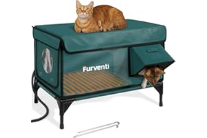 LAMLINGO Outdoor Heated Cat House in Winter,Extremely Insulated & Weatherproof,Elevated Feral Cat Shelter with Waterproof Eaves & Escape Door for Outside Stray Barn Cat (Dark Green,L)