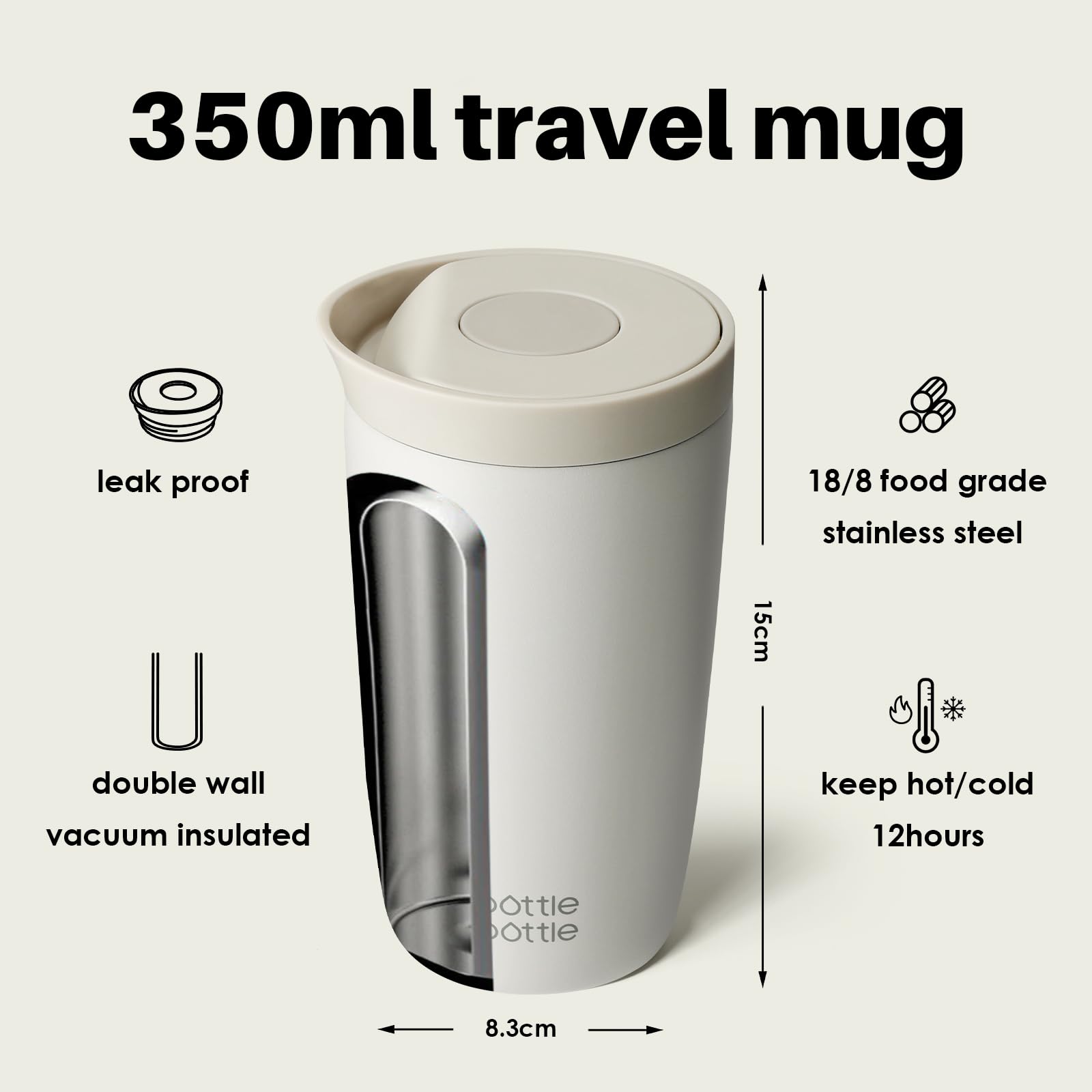 BOTTLE BOTTLE Thermobecher 350ml für Kaffee oder Tee, auslaufsicher und Easy Quick-Press-Verschluss, Isolierbecher Travel Mug Classic Grande (Grau) 3