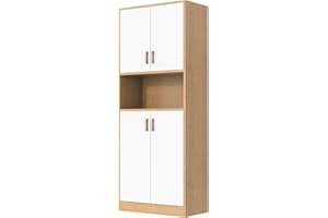 DIYART Oak and White Kitchen Pantry Cabinet, 70" Tall Kitchen Storage Cabinet with doors, Freestanding Wooden Storage Cabinet for Kitchen, Dining Room