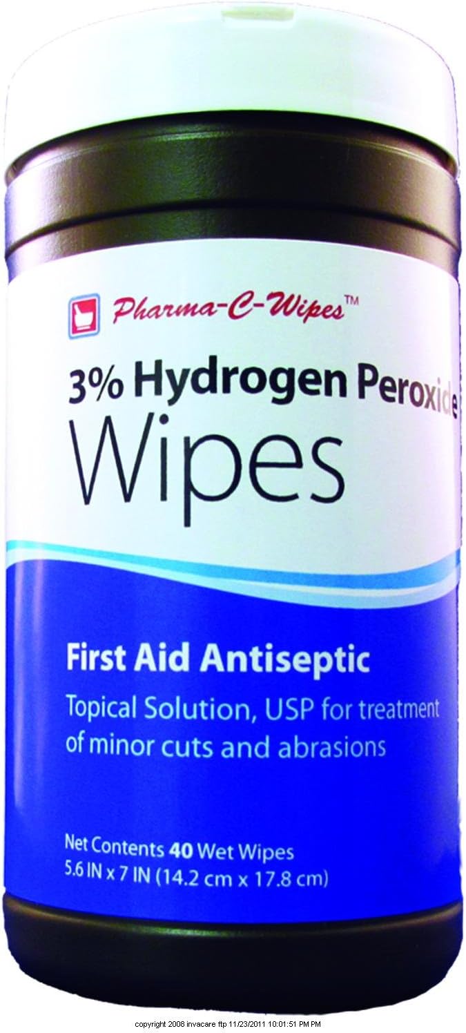 3% Hydrogen Peroxide Wipes-Size: 5.6" x 7" Wipe Quantity: 40 Wipes - UOM = Case of 6