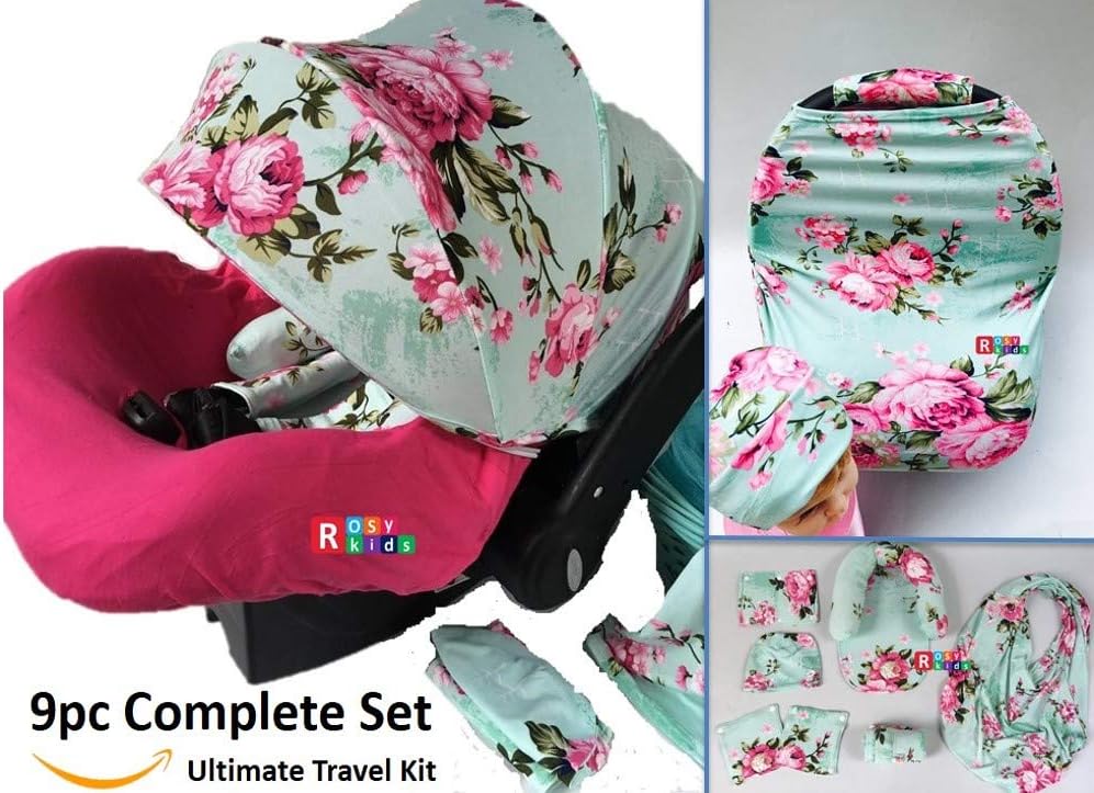 Rosy Kids9pc Ultimate Set of Infant Car Seat Cover Canopy Headrest Blanket Hat Nursing Scarf, 25JE03