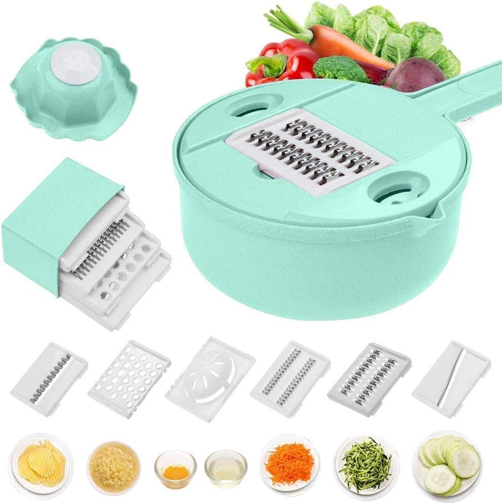 Vegetable Spiralizer Slicer and Grater Multi-function Chopper with Container and Egg white Separator, 12-In-One Manual Tool Food Processor(Green)