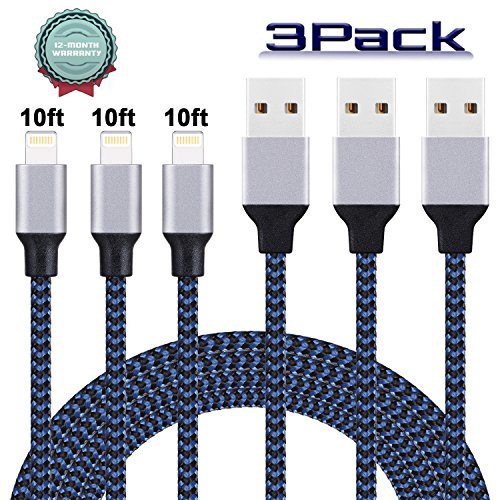 Iphone charger, sundix lightning cable 3pack 10ft extra long nylo…