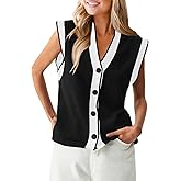 Saodimallsu Womens V Neck Sweater Vest Button Down Cap Sleeve Summer Trendy Color Block Loose Knit Tank Tops