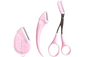 HEYIMINY 3-Pcs Eyebrow Grooming Kit: Eyebrow Trimmer Scissors with Comb, Crescent & Leaf-Shaped Eyebrow Razors | Precision Brow Trimming for Women | Beauty Tools for Perfect Eyebrow Shaping (A-Pink)