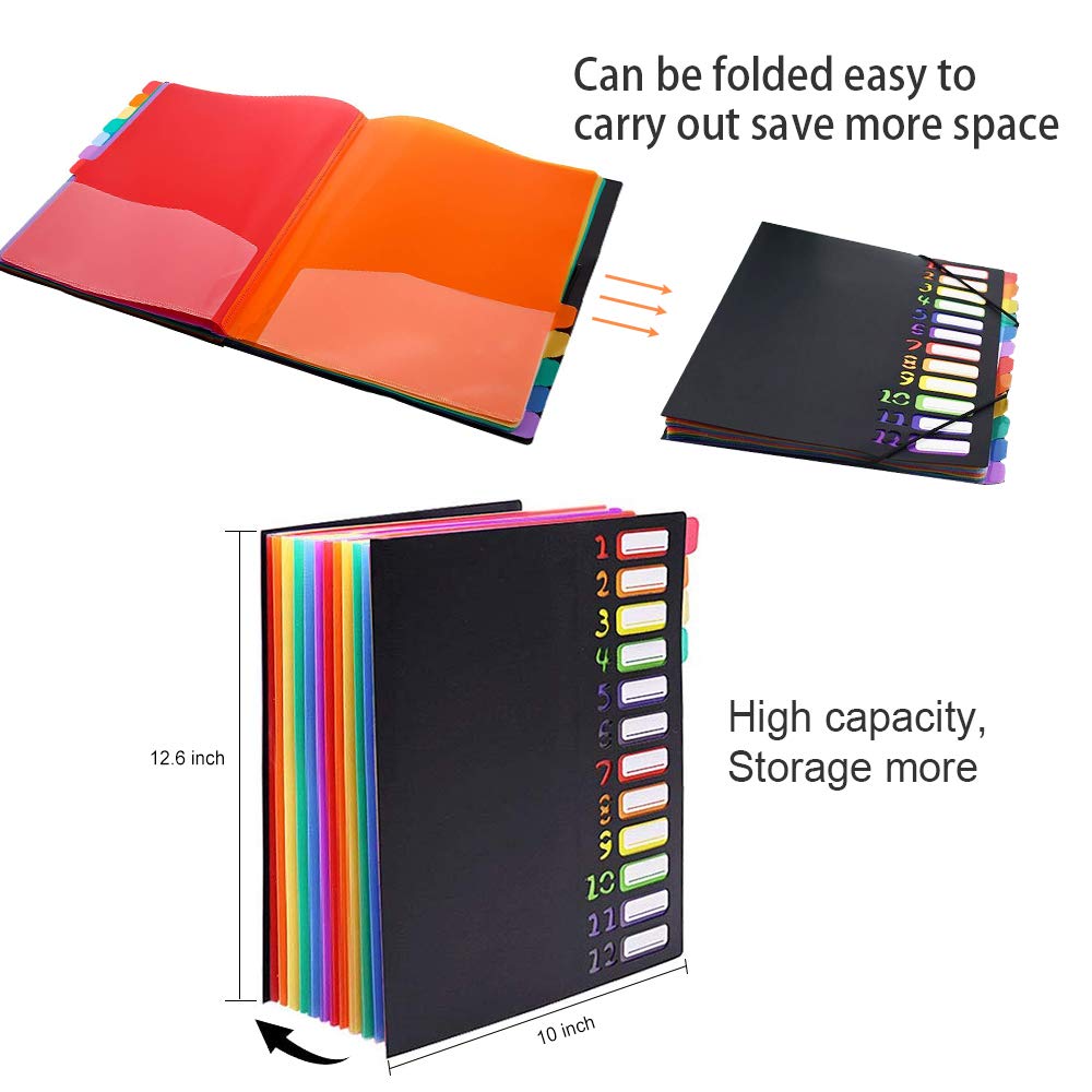 Expanding File Organizer 12 Pockets, Accordion File folders A4 Letter Size Hold 120 Sheets, Rainbow Expanding Project Sorter with Elastic Cord Closure Label Paper for Office School Home