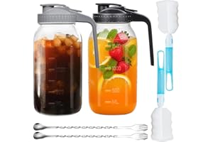2 Pack 64oz 2 Quart Glass Mason Jar Pitcher Wide Mouth Jug with Lid and Pour Spout Airtight Seal Leak Proof for Iced Tea Milk