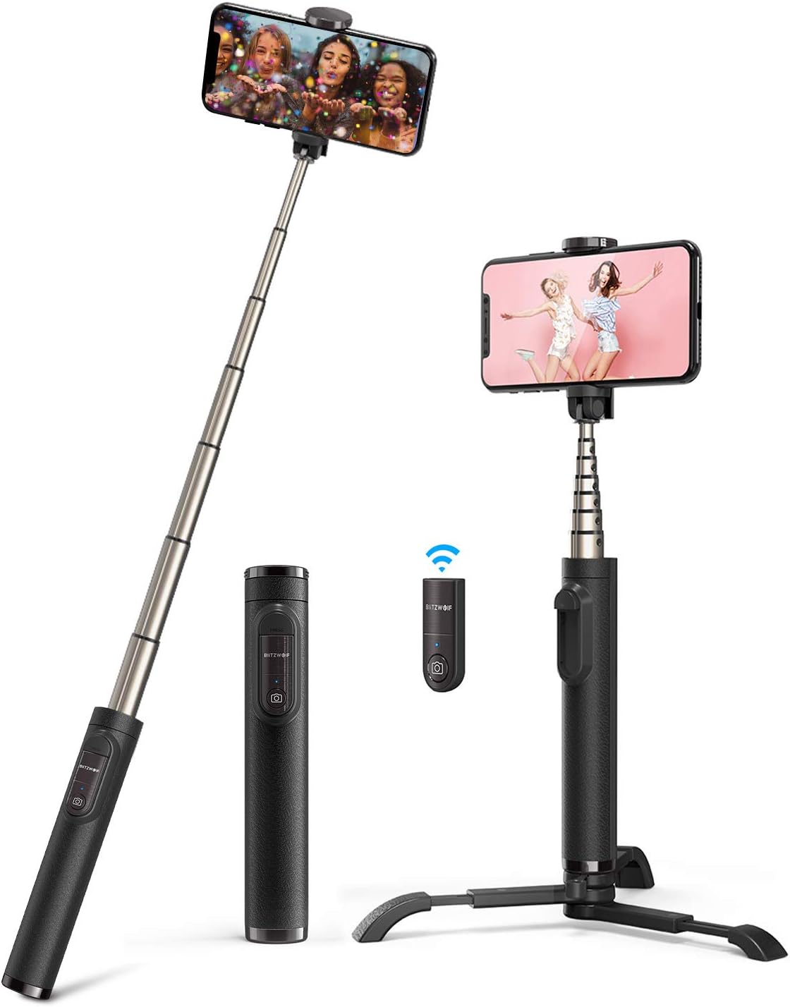 BlitzWolf Selfie Stick, Lightweight Extendable Bluetooth Selfie Stick with Detachable Wireless Remote, 3 in 1 Multifuctional Selfie Stick and Phone Tripod for iPhone Samsung Huawei and More