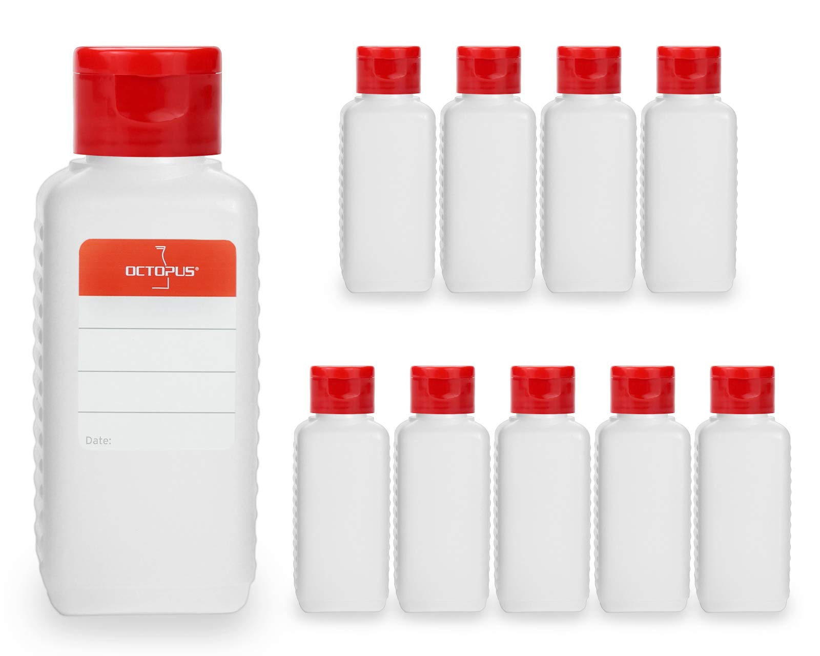 Octopus 10 x 100 ml plastic bottles, HDPE plastic bottles with red flip-top cap, empty bottles with red hinged cap, square bottles incl. 10 labels — image 1