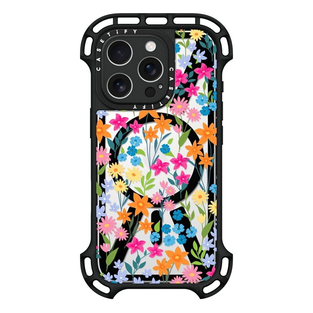 CASETiFY Ultra Bounce iPhone 16 Pro Case [Shockproof / 32.8 ft. 10X Military Grade Drop Protection/Compatible with Magsafe] - Bright Spring Flowers - Black