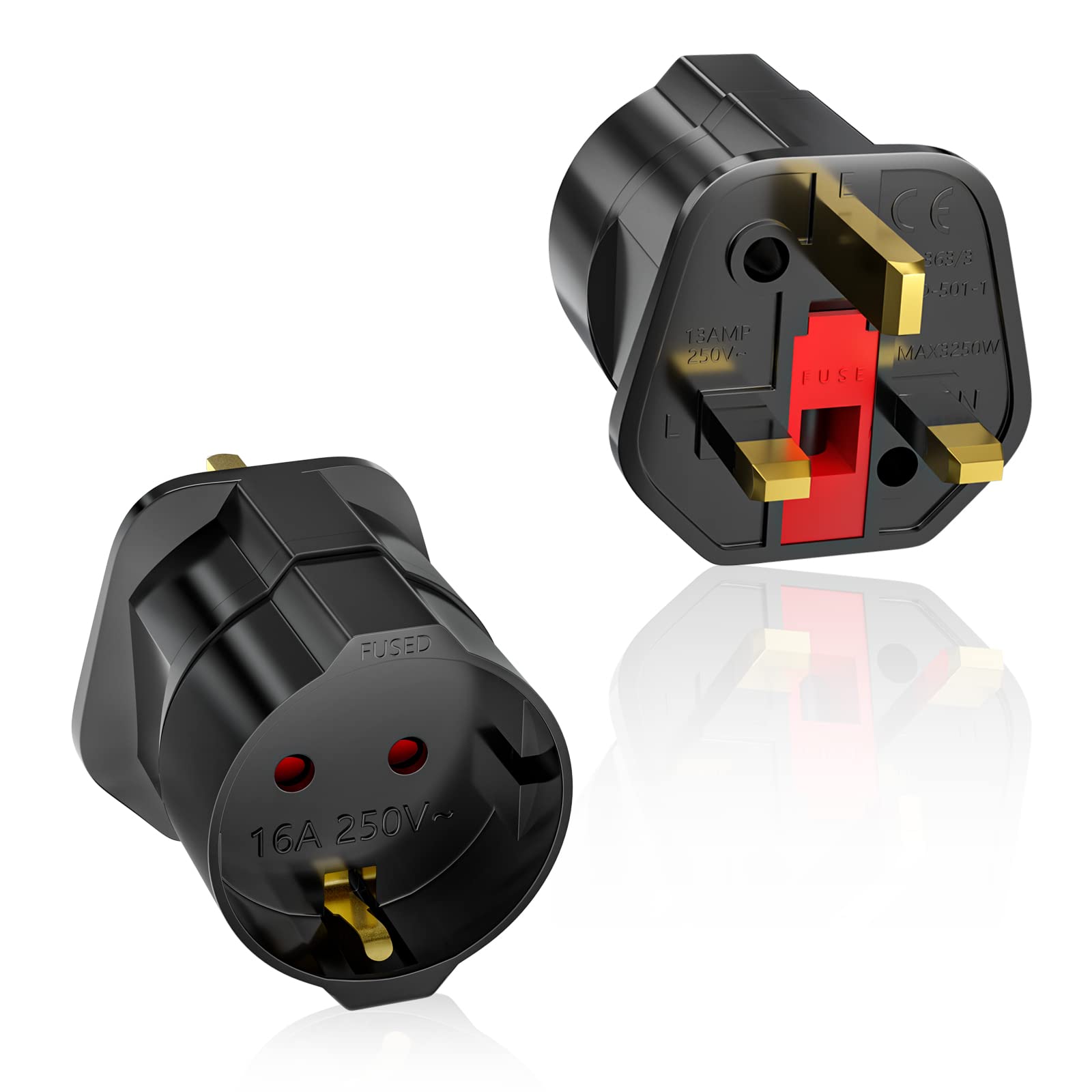 European to UK Plug Adaptor 2 Packs, EU to UK Plug Adapter with 13A Fuse, HITRENDS Plug Adapter 2 Pin to 3 Pin 3250W Max Travel Adaptor Euro to UK for France, Italy, Spain, Germany Euro to UK, Black