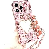 Changjia for iPhone 16 Pro Max Glitter Bling Case,Cute 3D Sparkle Heart Makeup Mirror Crystal Rhinestone Flowers Diamond Gems with Lanyard Wrist Strap Women Girls Case for iPhone 16 Pro Max 6.9", Pink