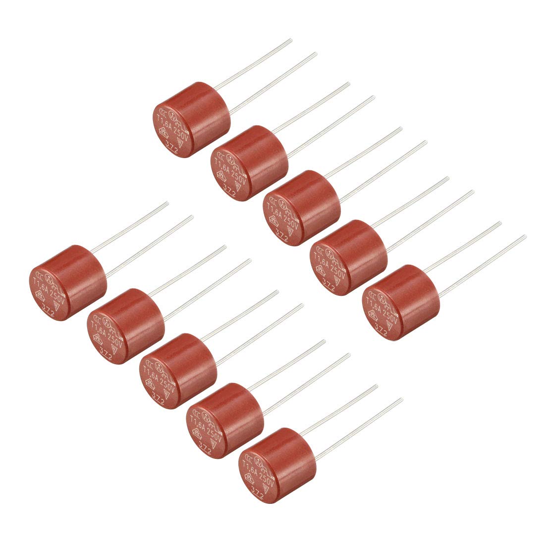 sourcing map 10Pcs DIP Mounted Miniature Cylinder Slow Blow Micro Fuse T1.6A 1.6A 250V Red