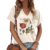 PUCKOLITY Vintage Flowers V Neck Shirt for Women Boho Floral Wildflowers Graphic Tee Casual Cottagecore Summer T Shirt