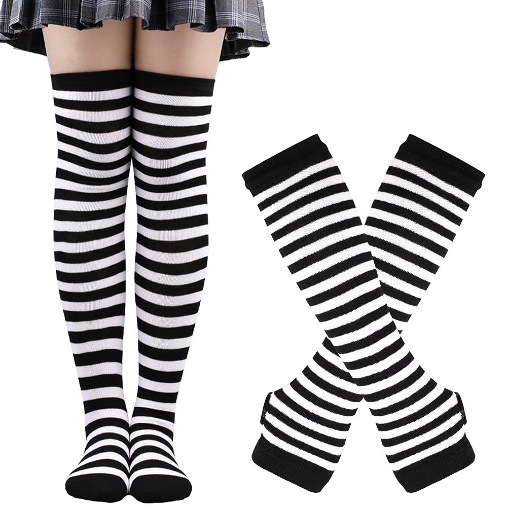 Stripe Arm Warmer Leg Stocking Striped Thigh High Socks Fingerless Gloves for Women Girls Halloween Carnival Cosplay Party Props (Black & White)