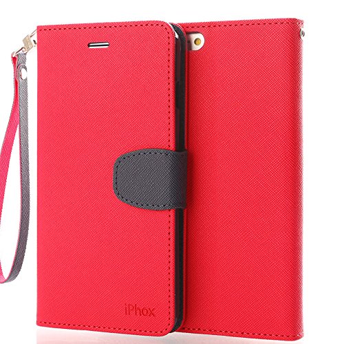 iPhone SE Case, iPhone 5S Case, IPHOX Magnetized Closure Card Slots Money Pouch, Retro Leather Wallet Case Purse Protective Cover Stand Feature Flip Book Case for iPhone 5s / 5 / SE (Red&BU/C)