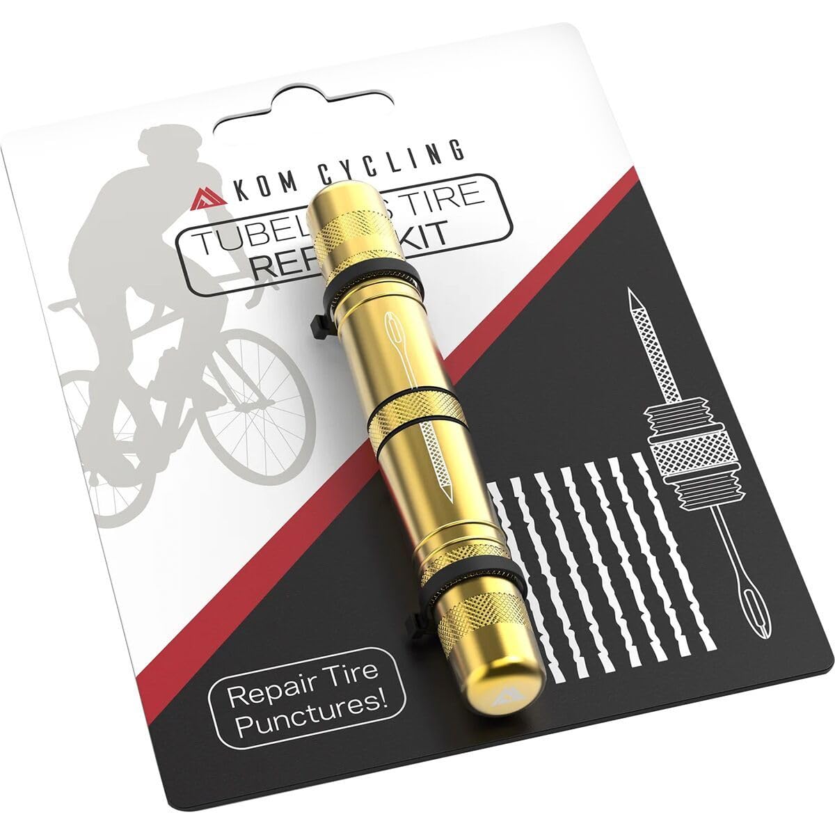 KOM Cycling Tubeless Tire Repair Kit for Bikes – 8 Colors! Fixes Mountain Bike and Road Bicycle Tire Punctures – Includes Tire Repair Fork and Reamer, 8 Bacon Strips. Tubeless Repair Made Easy