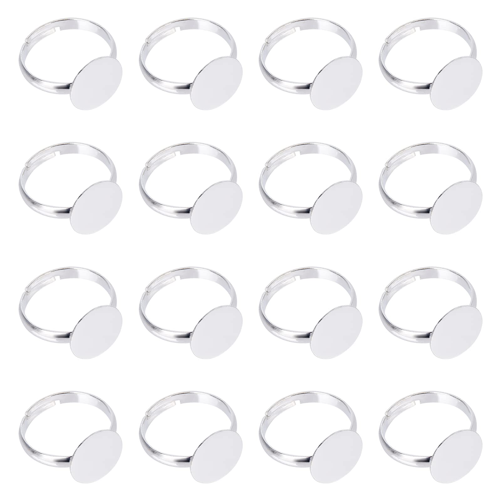 PH PandaHall 50pcs Adjustable Ring Blanks, Silver Rings Pad Ring Bases Finger Rings Settings Components for Jewellery Cabochon Making Birthday Anniversary Wedding Valentine's Day, Tray: 12mm