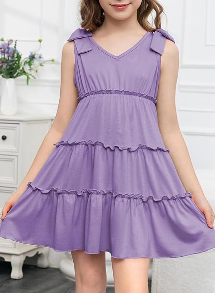 BLIBEAN TWEEN GIRLS SUMMMER DRESSES BIG KID BOHO TIERED CASUAL SOLID COLOR BEACH BOW SLEEVELESS SUNDRESS DRESSY CUTE RUFFLE OUTFITS SIZE 6-7 YEAR OLD LILAC PURPLE